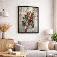 Vintage Holly Berries Holiday Poster, Christmas Candy Cane Canvas Wall Art, Rustic Farmhouse Winter Print, Festive Decor Digital Download