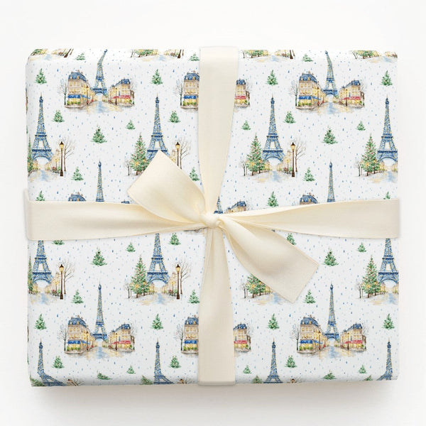 Snowy Eiffel Tower Gift Wrap, Paris Christmas Wrapping Paper, Watercolor France Holiday Wrapping Paper, Winter City Gift Wrap