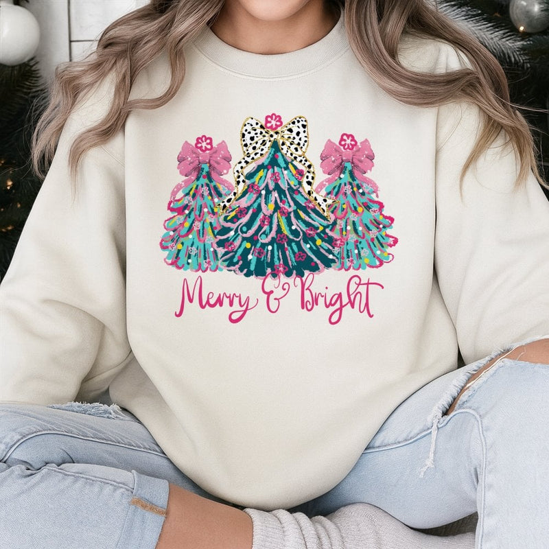 Merry and Bright Holiday Crewneck, Coquette Christmas Tree Bow Sweatshirt, Preppy Christmas Tree Sweater, Adorable Winter Graphic Pullover