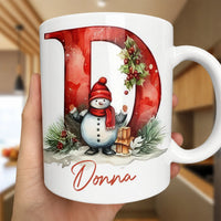 Personalized Initial D Winter Scene Coffee Cup, Christmas Snowman Monogram Mug, Festive Holiday Tea Mug, Ceramic Xmas Present for Her