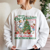 Humorous Retro Holiday Crewneck, Deck the Halls Christmas Sweatshirt, Vintage Christmas Party Sweater, Adorable Holiday Present Sweatshirt for Her