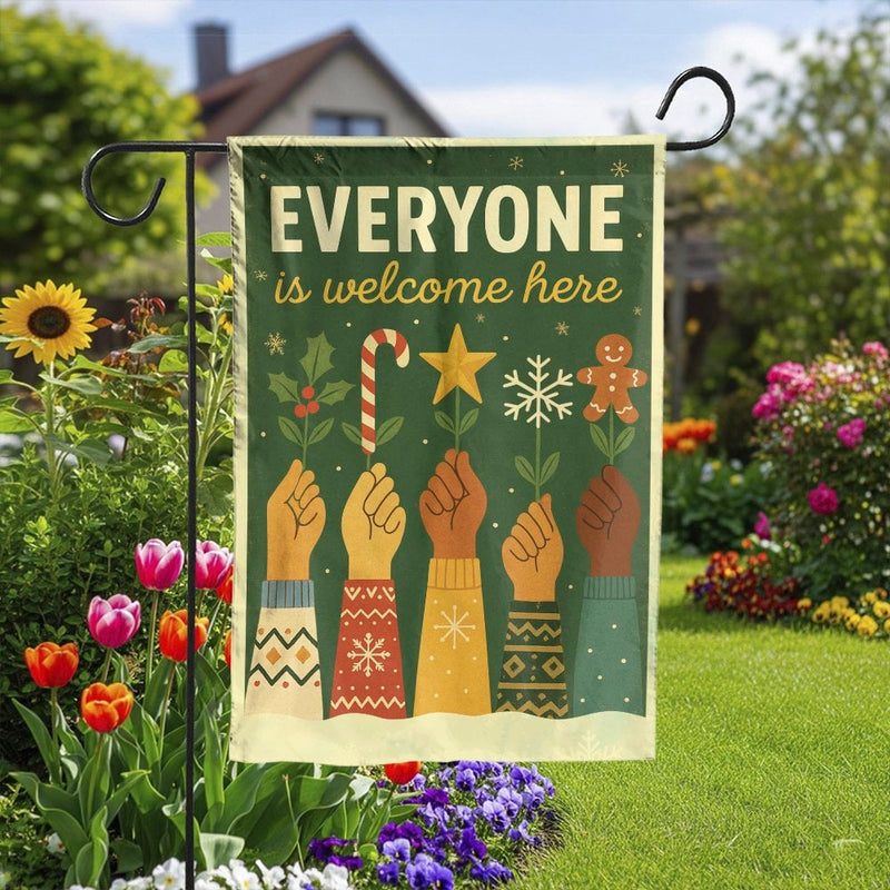 Inclusive Christmas Garden Flag, Everyone Is Welcome Here Garden Flag, Diversity Yard Flag, Welcome Lawn Banner, Holiday Garden Flag