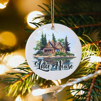 Log Cabin Nature Ornament, Rustic Lake House Ceramic Ornament, Comfy Woodland Forest Holiday Ornament, Cabin Owner Christmas Tree Ornament
