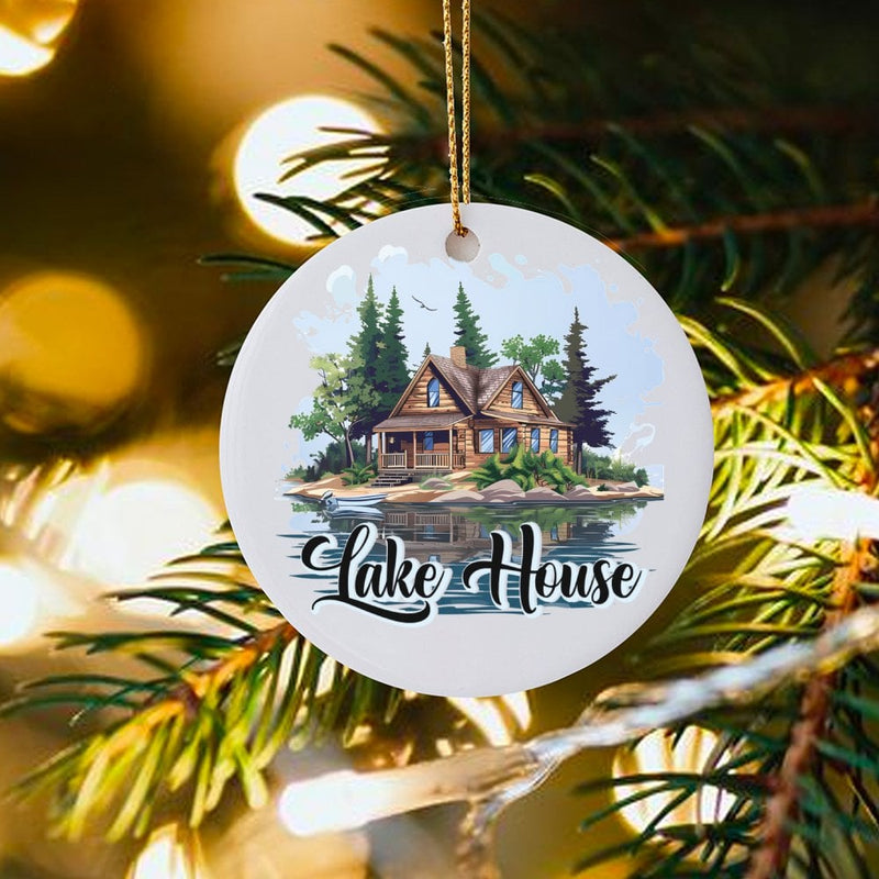 Log Cabin Nature Ornament, Rustic Lake House Ceramic Ornament, Comfy Woodland Forest Holiday Ornament, Cabin Owner Christmas Tree Ornament