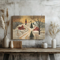 Snowy Church Christmas Canvas Print, Winter Christmas Village Canvas Wall Art, Folk Art Christmas Wall Art, Digital Download Holiday Print
