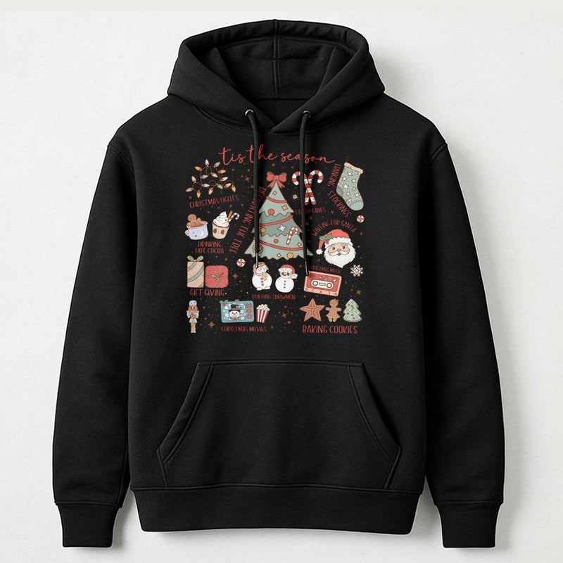 Festive Holiday Icons Hooded Sweatshirt, Tis the Season Christmas Hoodie, Retro Xmas Graphic Hoodie, Adorable Winter Pullover, Holiday Fan Present