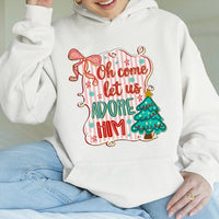Coquette Bow Christmas Tree Sweatshirt, O Come Let Us Adore Him Hoodie, Christian Hymn Religious Pullover, Festive Holiday Hooded Top