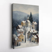 Comfy Snowfall Painting Canvas Print, Winter Village Canvas Wall Art, Holiday Village Winter Art Canvas, Rustic Christmas Wall Decor Present