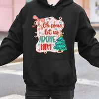 Coquette Bow Christmas Tree Sweatshirt, O Come Let Us Adore Him Hoodie, Christian Hymn Religious Pullover, Festive Holiday Hooded Top