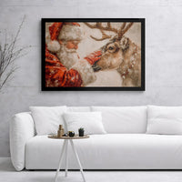 Whimsical Christmas Canvas Print, Santa Claus Reindeer Canvas Wall Art, Snowy Holiday Painting Canvas, Winter Decor, Xmas Family Present