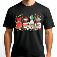 Festive Medication Vials Nurse Shirt, Christmas Nurse T-Shirt, ICU RN Holiday Graphic Tee, Humorous Medical Christmas T-Shirt, Nurse Present