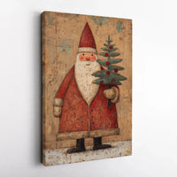 Rustic Vintage Christmas Canvas, Folk Art Santa Claus Canvas Print, Farmhouse Holiday Wall Art, Distressed Santa Canvas Wall Decor