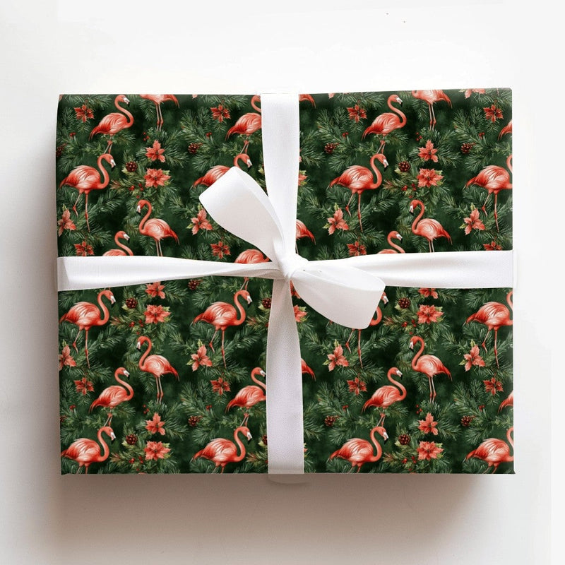 Dark Green Flamingo Gift Wrap, Tropical Christmas Wrapping Paper, Pink Flamingo Poinsettia Holiday Wrapping Paper, Festive Winter Gift Wrap