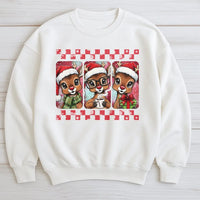 Checkered Holiday Reindeer Sweater, Retro Christmas Reindeer Sweatshirt, Adorable Xmas Crewneck, Festive Reindeer Pullover, Teacher Holiday Present