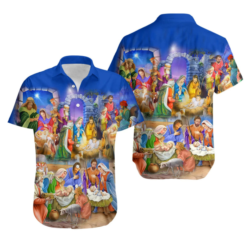 Religious Christmas Aloha Shirt, Nativity Scene Hawaiian Shirt, Christian Holiday Tropical Shirt, Summer Beach Button Up, Nativity Present
