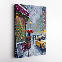 Snowy Cityscape Yellow Taxi Red Umbrella Print, NYC Christmas Canvas Wall Art, Winter New York City Canvas Decor, Holiday Wall Art
