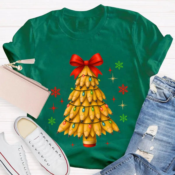Red Bow Holiday Teacher Shirt, Pencil Christmas Tree T-Shirt, Adorable Winter Educator Graphic Tee, Back to School Xmas Party