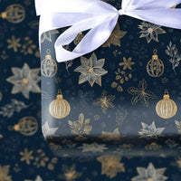Floral Christmas Gift Wrap, Navy Blue Gold Poinsettia Wrapping Paper, 90 GSM Fine Art Paper, Luxury Holiday Present Wrapping Roll