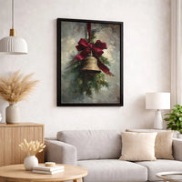 Vintage Gold Bell Evergreen Red Bow Canvas Print, Christmas Bell Canvas Wall Art, Traditional Holiday Canvas Decor, Digital Download