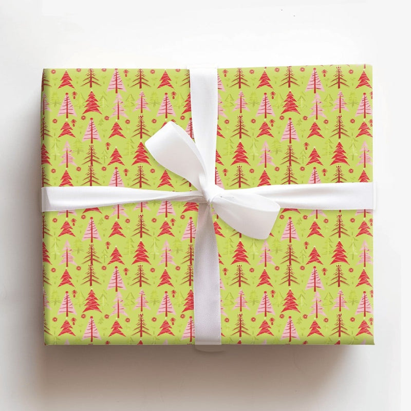 Lime Green Christmas Gift Wrap, Modern Pink Red Tree Wrapping Paper, Graphic Stylized Tree Wrapping Paper, Holiday Season Gift Wrap Roll