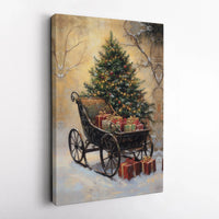 Snowy Tree and Presents Painting, Vintage Christmas Sleigh Canvas Print, Holiday Season Wall Art Poster, Winter Decor, Digital Download