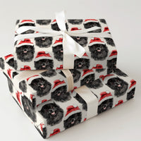 Santa Hat Dog Gift Wrap, Black Pomeranian Christmas Wrapping Paper, Festive Puppy Xmas Wrapping Paper, Dog Lover Holiday Gift Wrapping Paper
