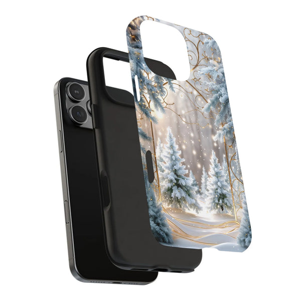 Snowy Pine Forest with Gold Swirl Phone Cover, Winter Wonderland iPhone Case, Christmas Holiday Tough Case, Winter Scene Pres