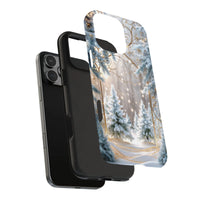 Snowy Pine Forest with Gold Swirl Phone Cover, Winter Wonderland iPhone Case, Christmas Holiday Tough Case, Winter Scene Present