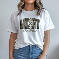 Distressed Checkered Christmas Shirt, Merry Christmas Camo T-Shirt, Camouflage Holiday Graphic Tee, Unisex Festive Xmas T-Shirt Present for Men