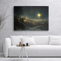Ancient Snowy City Night Painting, Star of Bethlehem Canvas Wall Art, Christian Nativity Canvas Decor, Religious Christmas Holiday Present