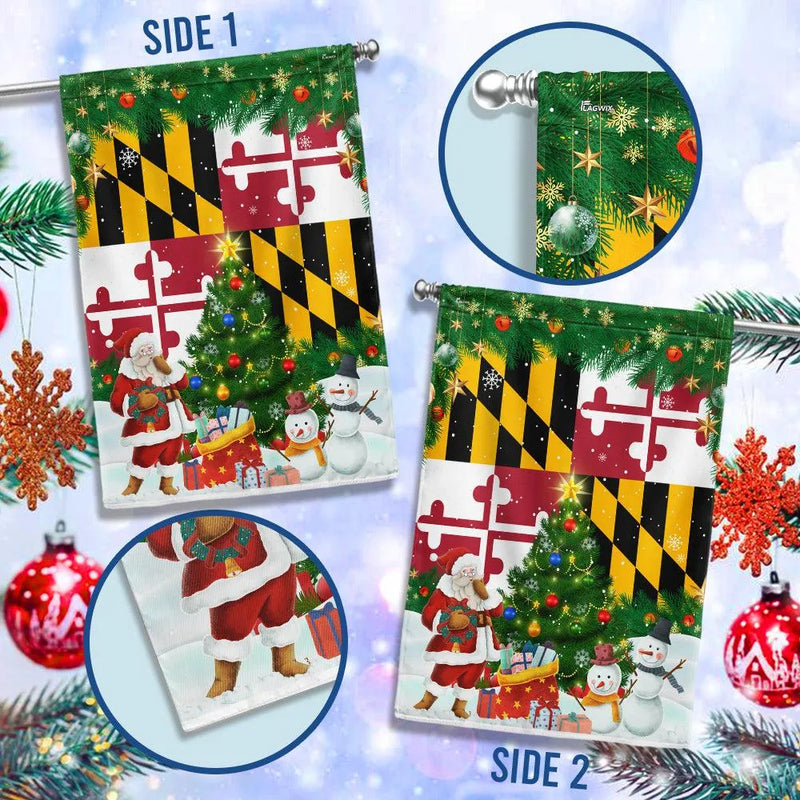 Double-Sided MD Holiday Yard Flag, Maryland Christmas Garden Flag Santa and Snowman Design, Winter Lawn Decor for Residents