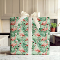 Tropical Flamingo Gift Wrap, Flamingo Christmas Wrapping Paper, Beach Holiday Wrapping Paper, Coastal Xmas Gift Wrap, Palm Leaf Present Roll