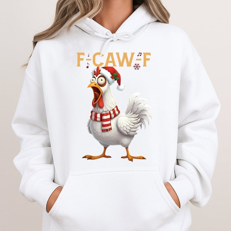 F-Caw-F Music Note Graphic Hoodie, Humorous Chicken Christmas Hoodie, Adorable Farm Animal Holiday Hoodie, Sarcastic Xmas Bird Sweatshirt Present
