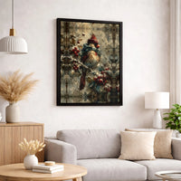 Bird in Scarf Snowy Holly Poster, Winter Cardinal Wall Art Print, Vintage Christmas Bird Painting, Comfy Holiday Print, Digital Download