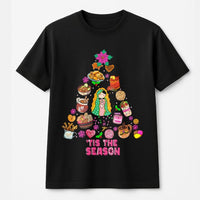 Mexican Food Tree Graphic Tee, Our Lady of Guadalupe Christmas T-Shirt, Hispanic Holiday Shirt, Virgin Mary Festive T-Shirt, Latina Present