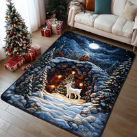 Snowy Evergreen Forest Rug, Winter Deer Area Rug, Moonlit Christmas Floor Rug, Holiday Pine Tree Cabin Rug, Winter Home Decor Present