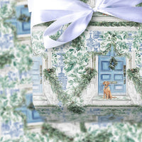Blue Door Holiday Gift Wrap, Chinoiserie Dog Christmas Wrapping Paper, Watercolor Dog Wrapping Paper, Festive Puppy Holiday Gift Wrap