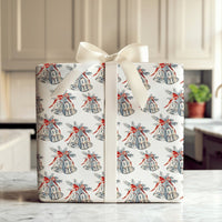 Red Ribbon Christmas Gift Wrap, Vintage Silver Bells Wrapping Paper, Watercolor Holiday Bells Wrapping Paper