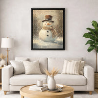 Winter Holiday Painting Canvas Print, Vintage Snowman Canvas Wall Art, Christmas Snowman with Top Hat Wall Decor, Rustic Holiday Wall Art