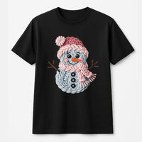 Adorable Winter Snowman T-Shirt, Knitted Snowman Christmas Shirt, Faux Knit Holiday Graphic Tee, Comfy Xmas Present Shirt for Women