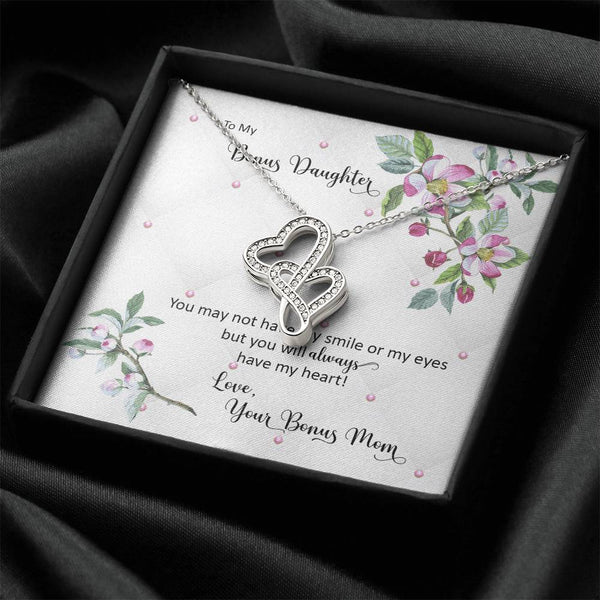Interlocking Heart Pendant, Double Heart Necklace for Bonus Daughter, 14K White Gold Necklace, Birthday Christmas Present fro