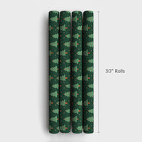 Pine Tree and Stars Gift Wrap, Dark Green Christmas Tree Wrapping Paper, Festive Holiday Wrapping Paper, Adorable Seasonal Xmas Gift Wrap Roll