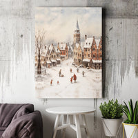 Snowy European Town Watercolor Canvas, Winter Village Canvas Wall Art, Comfy Christmas Town Wall Decor, Holiday Landscape Art Print