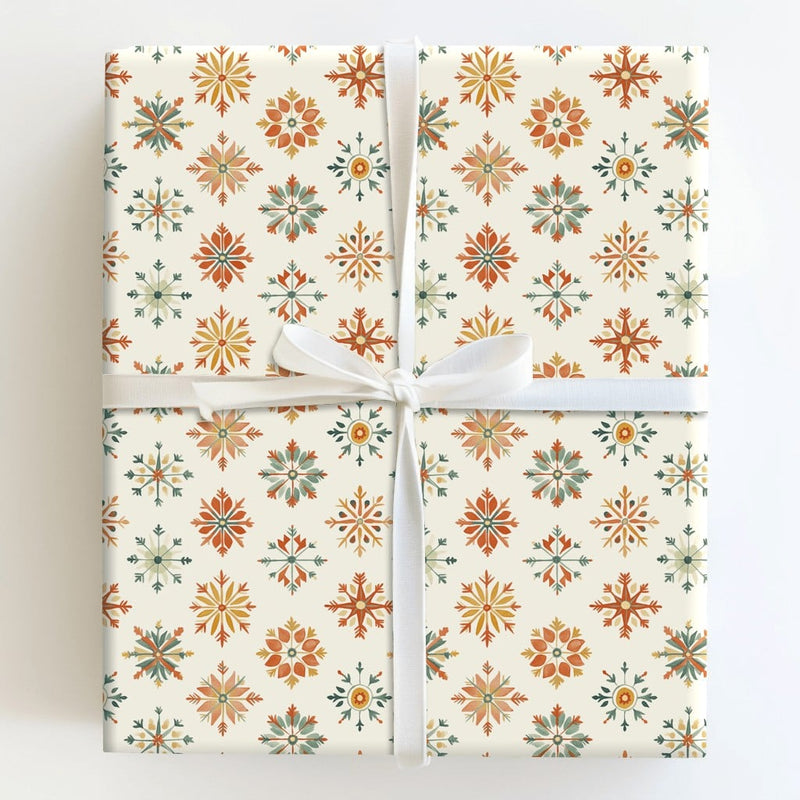 Rustic Holiday Gift Wrap, Vintage Folk Art Snowflake Wrapping Paper, Scandinavian Christmas Wrapping Paper, Retro Winter Gift Wrap Roll