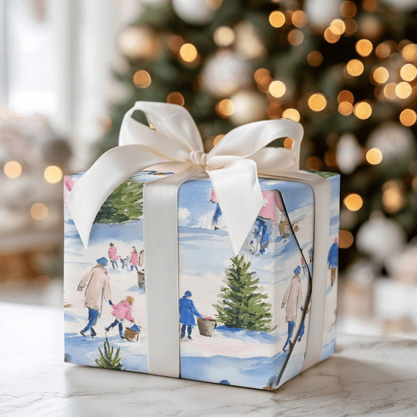 Snowy Holiday Scene Gift Wrap, Christmas Tree Farm Wrapping Paper, Watercolor Christmas Wrapping Paper, Nostalgic Winter Gift