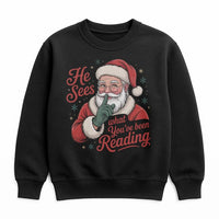 Humorous Bookish Santa Crewneck, He Sees What You've Been Reading Sweatshirt, Smut Reader Christmas Sweater, Booktok Romantasy Present