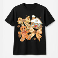 Coquette Christmas Bow Graphic Tee, Gingerbread Man T-Shirt, Adorable Pink Holiday Baking Shirt, Retro Xmas Aesthetic Present for Her
