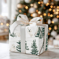 Watercolor Winter Pine Tree Gift Wrap, Samoyed Dog Wrapping Paper, Holiday Samoyed Wrapping Paper, Christmas Dog Lover Gift Wrapping Paper