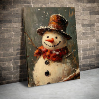 Rustic Winter Landscape Print, Snowman Oil Painting Canvas Wall Art, Christmas Holiday Wall Decor, Printable Digital Download