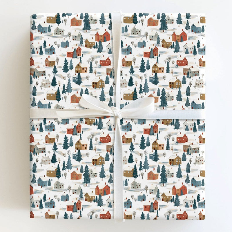 Snowy Houses Pine Trees Gift Wrap, Winter Village Wrapping Paper, Watercolor Christmas Wrapping Paper, Holiday Season Gift Wrapping Paper
